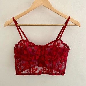 Red Floral Sheer Lace Cropped Corset Bra Top Women's Medium